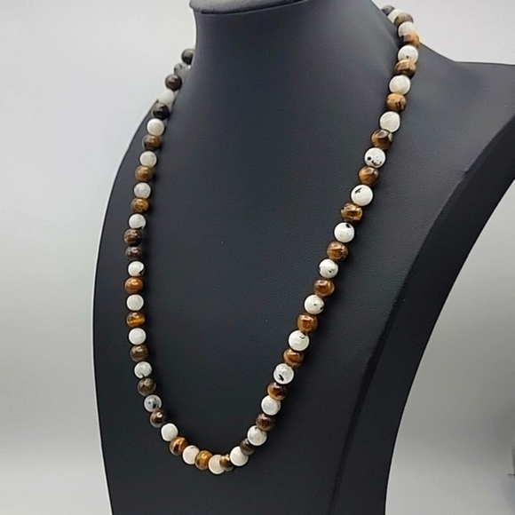 240 Cts Natural Tiger Eye & Moonstone Round Shape Beaded Gemstone 20" Necklace - Picture 3 of 8